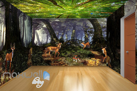 Image of 3D Deer Forest Tree Top Wall Murals Wallpaper Paper Art Print Decor IDCQW-000359