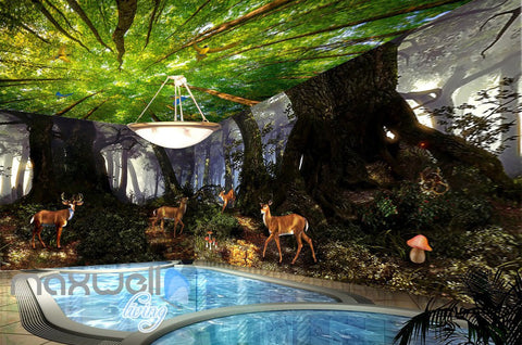 Image of 3D Deer Forest Tree Top Wall Murals Wallpaper Paper Art Print Decor IDCQW-000359