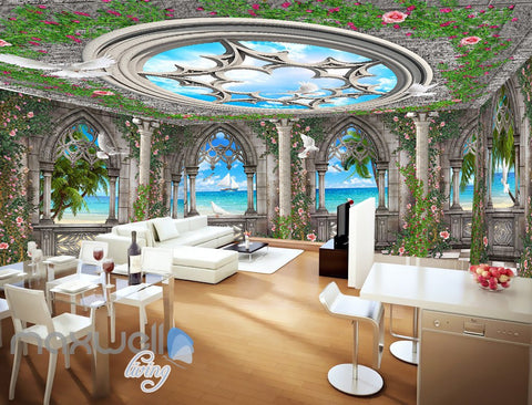 Image of 3D Arch Window Ocean View Sky Ceiling Wall Murals Wallpaper Art Print Decor IDCQW-000360