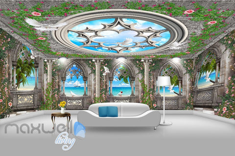 Image of 3D Arch Window Ocean View Sky Ceiling Wall Murals Wallpaper Art Print Decor IDCQW-000360