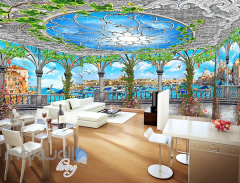 Image of 3D Flower Vine Pegola Blue Sky Ceiling Wall Murals Wallpaper Art Print Decor IDCQW-000361