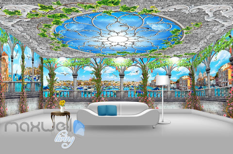 Image of 3D Flower Vine Pegola Blue Sky Ceiling Wall Murals Wallpaper Art Print Decor IDCQW-000361