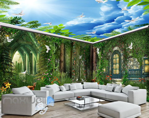 Image of 3D Forest House Pigeon Deer Wall Murals Wallpaper Art Print Decor IDCQW-000362