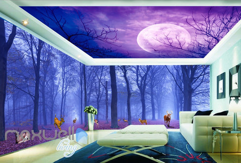 Image of 3D Forest Deer Moon Ceiling Wall Murals Wallpaper Paper Art Print Decor IDCQW-000369