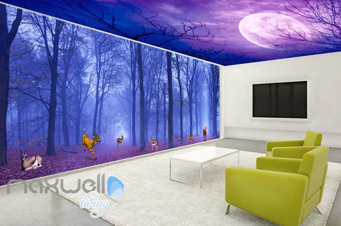 Image of 3D Forest Deer Moon Ceiling Wall Murals Wallpaper Paper Art Print Decor IDCQW-000369