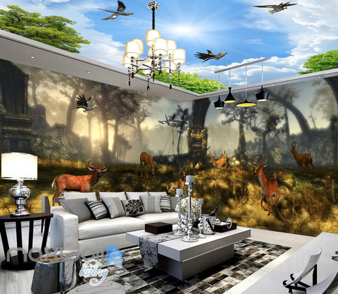 Image of 3D Wrecked Boat Deer Forest Wall Murals Wallpaper Paper Art Print Decor IDCQW-000375