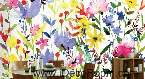 Image of Purple Pink Yellow Flowers Watercolor 000006 Wallpaper Wall Decals Wall Art Print Mural Home Decor Gift Office Business