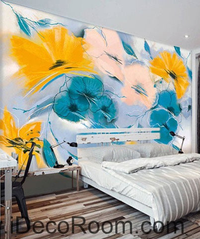 Image of Abstract Blue Yellow Flowers 000007 Wallpaper Wall Decals Wall Art Print Mural Home Decor Gift Office Business