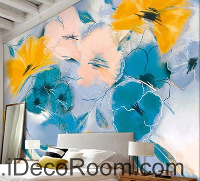 Image of Abstract Blue Yellow Flowers 000007 Wallpaper Wall Decals Wall Art Print Mural Home Decor Gift Office Business