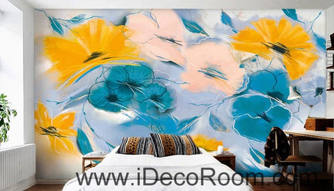 Image of Abstract Blue Yellow Flowers 000007 Wallpaper Wall Decals Wall Art Print Mural Home Decor Gift Office Business