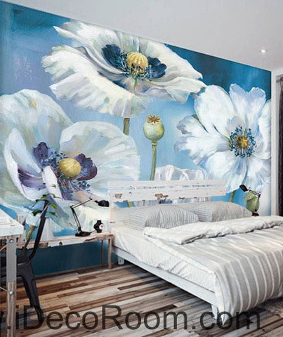 Image of White Flowers Oilpainting 000019 Wallpaper Wall Decals Wall Art Print Mural Home Decor Gift Office Business