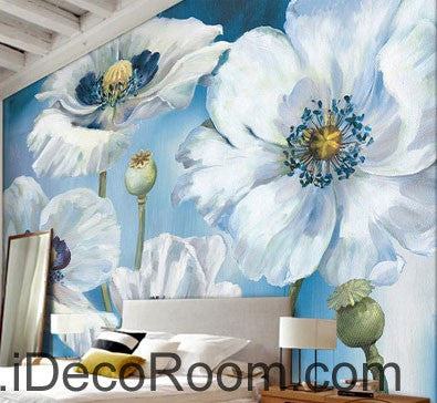 Image of White Flowers Oilpainting 000019 Wallpaper Wall Decals Wall Art Print Mural Home Decor Gift Office Business
