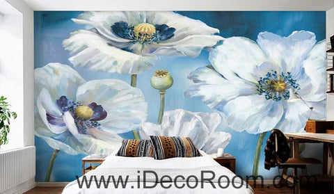Image of White Flowers Oilpainting 000019 Wallpaper Wall Decals Wall Art Print Mural Home Decor Gift Office Business