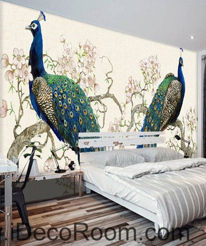 Image of Peacock on Peach Blossom Tree 000023 Wallpaper animals Wall Decals Wall Art Print Mural Home Decor Gift Office Business