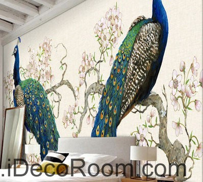 Image of Peacock on Peach Blossom Tree 000023 Wallpaper animals Wall Decals Wall Art Print Mural Home Decor Gift Office Business