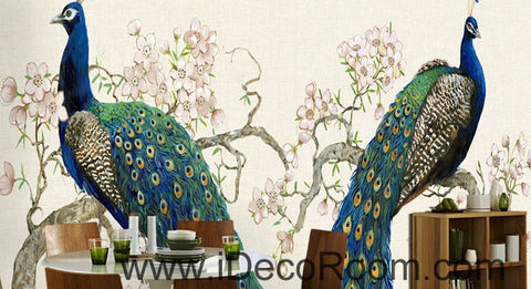 Image of Peacock on Peach Blossom Tree 000023 Wallpaper animals Wall Decals Wall Art Print Mural Home Decor Gift Office Business