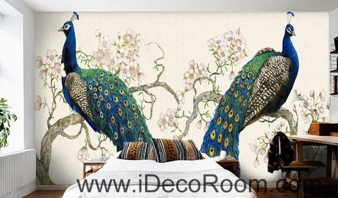 Image of Peacock on Peach Blossom Tree 000023 Wallpaper animals Wall Decals Wall Art Print Mural Home Decor Gift Office Business