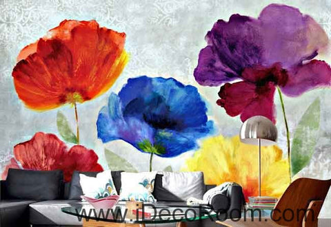 Image of Abstract Watercolor Red Blue Purple Flower Wallpaper Wall Decals Wall Art Print Mural Home Decor Gift Office Business