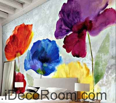 Image of Abstract Watercolor Red Blue Purple Flower Wallpaper Wall Decals Wall Art Print Mural Home Decor Gift Office Business