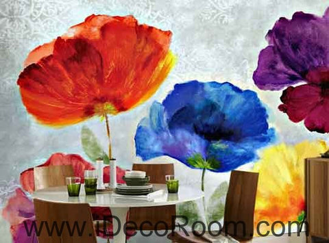 Image of Abstract Watercolor Red Blue Purple Flower Wallpaper Wall Decals Wall Art Print Mural Home Decor Gift Office Business