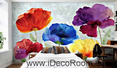 Image of Abstract Watercolor Red Blue Purple Flower Wallpaper Wall Decals Wall Art Print Mural Home Decor Gift Office Business