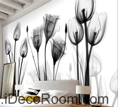 Image of White and black flower illustration IDCWP-000038 Wallpaper Wall Decals Wall Art Print Mural Home Decor Gift
