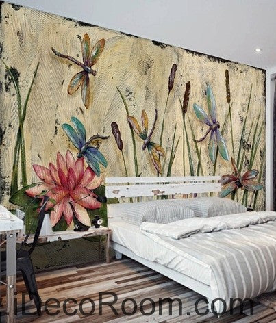 Image of Water lily dragonfly flower illustration IDCWP-000039 Wallpaper Wall Decals Wall Art Print Mural Home Decor Gift