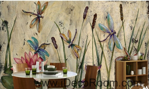 Image of Water lily dragonfly flower illustration IDCWP-000039 Wallpaper Wall Decals Wall Art Print Mural Home Decor Gift