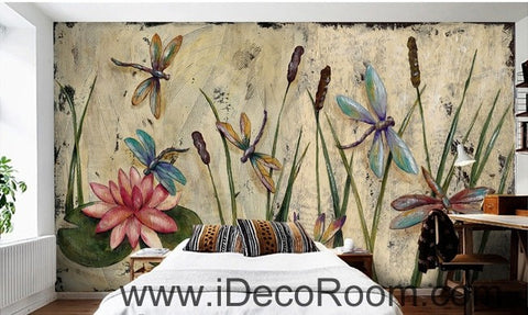 Image of Water lily dragonfly flower illustration IDCWP-000039 Wallpaper Wall Decals Wall Art Print Mural Home Decor Gift