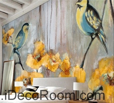 Image of Birds Branch Yellow Flower Illustration IDCWP-000051 Wallpaper Wall Decals Wall Art Print Mural Home Decor Gift