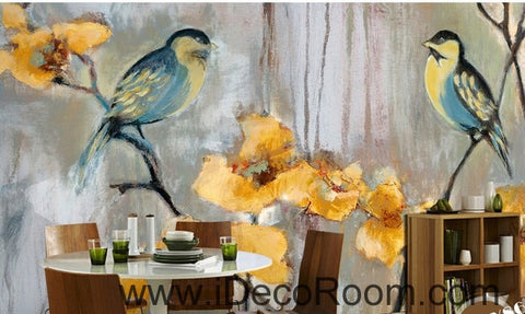 Image of Birds Branch Yellow Flower Illustration IDCWP-000051 Wallpaper Wall Decals Wall Art Print Mural Home Decor Gift