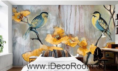 Image of Birds Branch Yellow Flower Illustration IDCWP-000051 Wallpaper Wall Decals Wall Art Print Mural Home Decor Gift