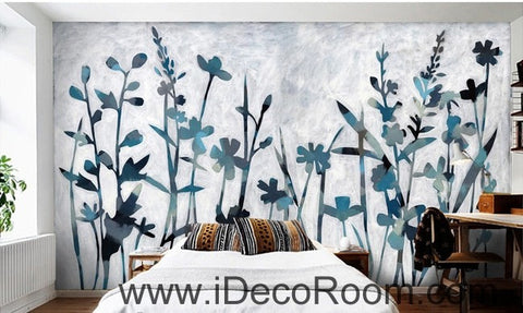 Image of Blue Wild Flower Grass Modern Art IDCWP-000052 Wallpaper Wall Decals Wall Art Print Mural Home Decor Gift