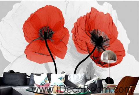 Image of Two Red Poppy Flower Illustraion IDCWP-000054 Wallpaper Wall Decals Wall Art Print Mural Home Decor Gift