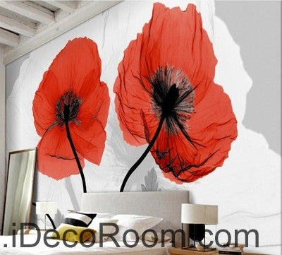 Image of Two Red Poppy Flower Illustraion IDCWP-000054 Wallpaper Wall Decals Wall Art Print Mural Home Decor Gift
