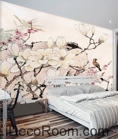 Image of Flower Blooming Birds Rock Japaness Style IDCWP-000055 Wallpaper Wall Decals Wall Art Print Mural Home Decor Gift