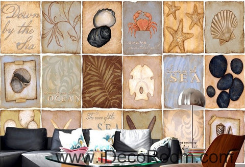 Image of Vintage Sea Ocean Shells Illustration IDCWP-000059 Wallpaper Wall Decals Wall Art Print Mural Home Decor Gift