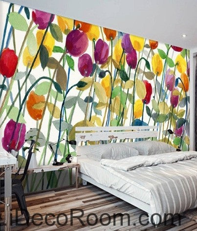 Image of Abstract Poppy Flower Yellow Red Purple IDCWP-000062 Wallpaper Wall Decals Wall Art Print Mural Home Decor Gift