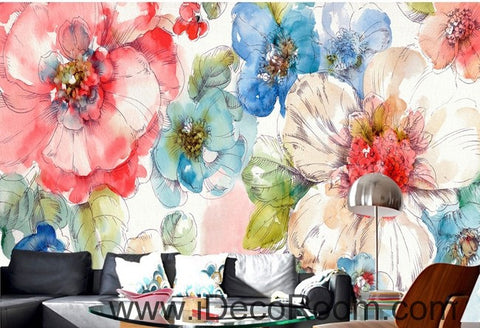 Image of Watercolor Pink White Camellia Flower IDCWP-000063 Wallpaper Wall Decals Wall Art Print Mural Home Decor Gift