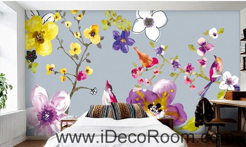 Image of Flower Birds Branch IDCWP-000064 Wallpaper Wall Decals Wall Art Print Mural Home Decor Gift