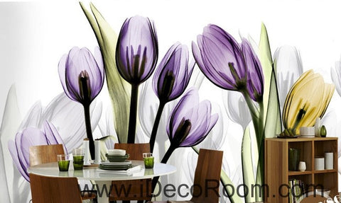 Image of Transparent Purple Yellow Tulips Flower IDCWP-000066 Wallpaper Wall Decals Wall Art Print Mural Home Decor Gift