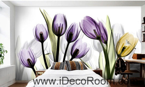 Image of Transparent Purple Yellow Tulips Flower IDCWP-000066 Wallpaper Wall Decals Wall Art Print Mural Home Decor Gift