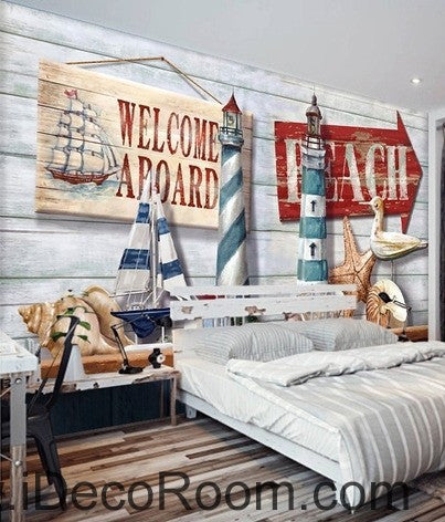 Image of Retro Light House Sail Boat Shell Beach IDCWP-000069 Wallpaper Wall Decals Wall Art Print Mural Home Decor Gift