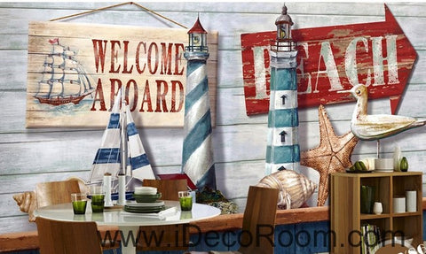 Image of Retro Light House Sail Boat Shell Beach IDCWP-000069 Wallpaper Wall Decals Wall Art Print Mural Home Decor Gift