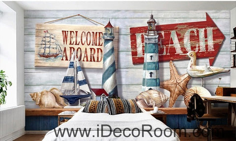 Image of Retro Light House Sail Boat Shell Beach IDCWP-000069 Wallpaper Wall Decals Wall Art Print Mural Home Decor Gift