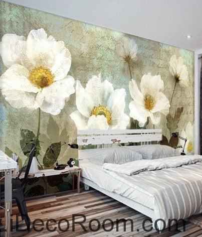 Image of Retro White Flowers IDCWP-000070 Wallpaper Wall Decals Wall Art Print Mural Home Decor Gift