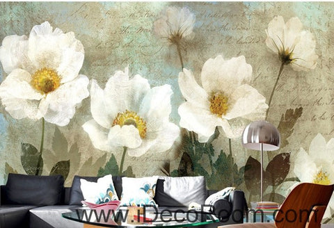Image of Retro White Flowers IDCWP-000070 Wallpaper Wall Decals Wall Art Print Mural Home Decor Gift
