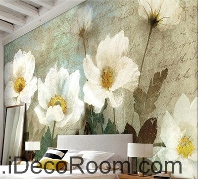 Image of Retro White Flowers IDCWP-000070 Wallpaper Wall Decals Wall Art Print Mural Home Decor Gift