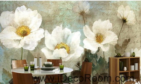 Image of Retro White Flowers IDCWP-000070 Wallpaper Wall Decals Wall Art Print Mural Home Decor Gift