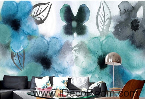 Image of Abstract Watercolor Blue Flowers IDCWP-000072 Wallpaper Wall Decals Wall Art Print Mural Home Decor Gift